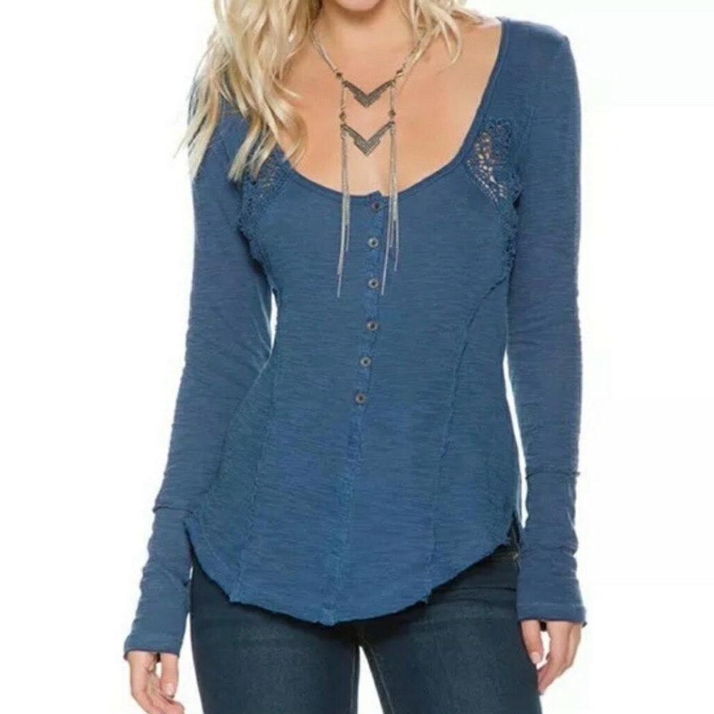 Free People Light Blue Slub Lace Exposed seams Blouse